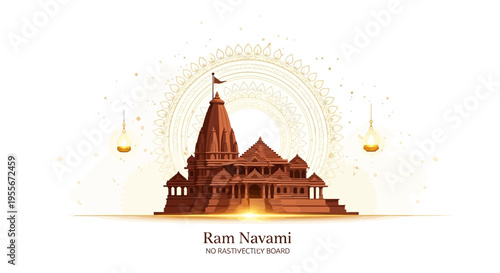 Illustration of a traditional Indian temple on a golden background with decorative borders and lamps for Ram Navami festival celebrations in India