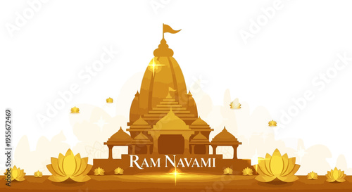 Illustration of a golden temple with lotus flowers and decorations celebrating Ram Navami in India with a joyful and festive mood