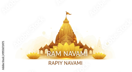 Golden illustration of a temple with a flag on top, celebrating Happy Ram Navami in India with a decorative border and lotus flowers