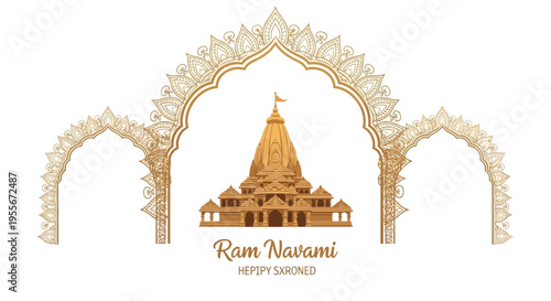 Golden illustration of a temple with a pointed spire, flanked by ornate arches, celebrating Ram Navami festival in India with warm tones and intricate design elements on a white background