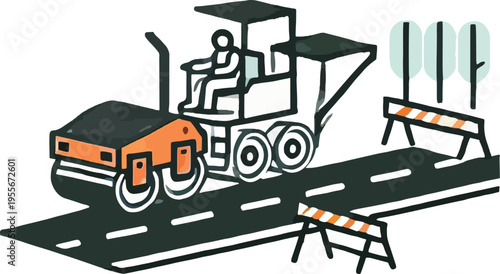 Road Roller Compacting Asphalt with Construction Barriers and Trees