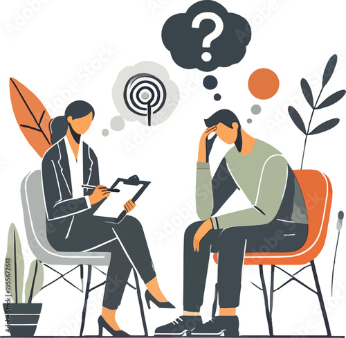Therapist and patient in a counseling session with thought bubbles