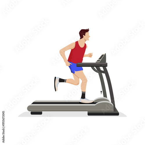 Young Man Running on Electric Treadmill Flat Vector Illustration
