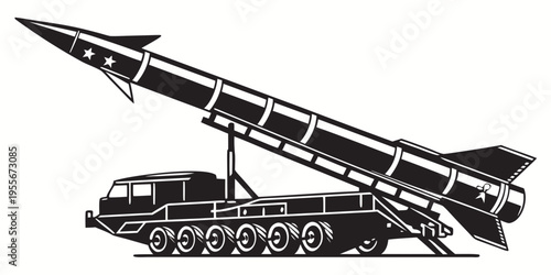 A black and white image of a missile on a launcher