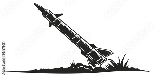 A black and white illustration of a missile launching