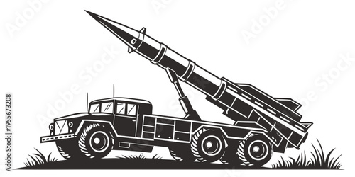 A black and white drawing of a missile launcher truck