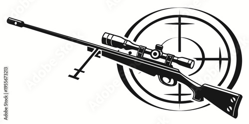 A black and white image of a sniper rifle with a scope