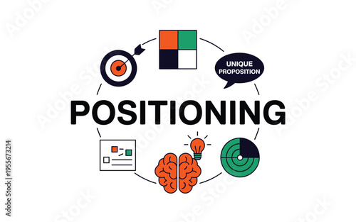 A modern vector graphic illustration of a marketing positioning concept with various design elements
