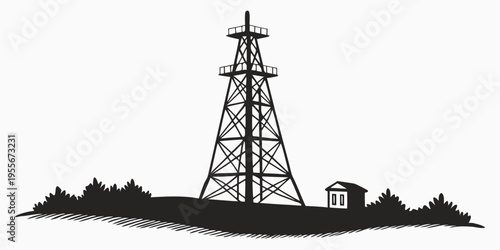 A tall tower with a small house on a hill