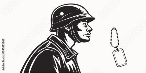 A man wearing a helmet looking at a dog tag