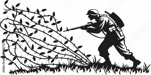 A soldier runs through thorny bushes with a rifle