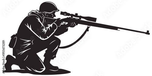 Soldier kneeling and aiming a sniper rifle