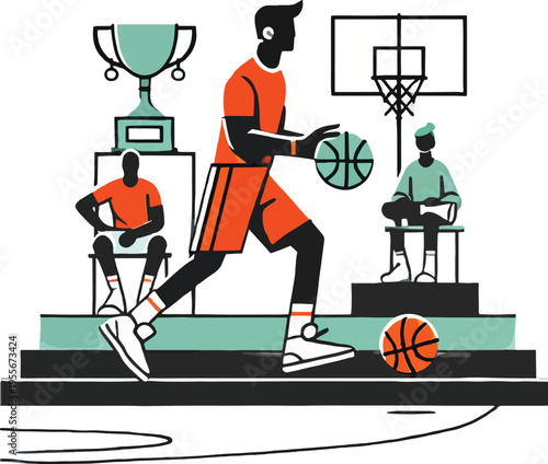Basketball Player Dribbling Ball With Trophy and Opponents