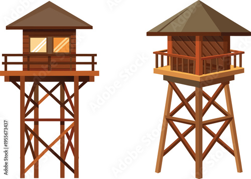 An old wooden lifeguard tower and vintage chair isolated on a white background or a summer beach landscape with brown wood furniture under a clear sky