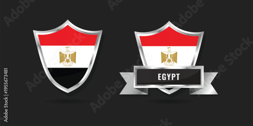 Realistic glossy silver shield and banner featuring the national flag of Egypt with the Eagle of Saladin, designed for travel, culture, and sports branding.