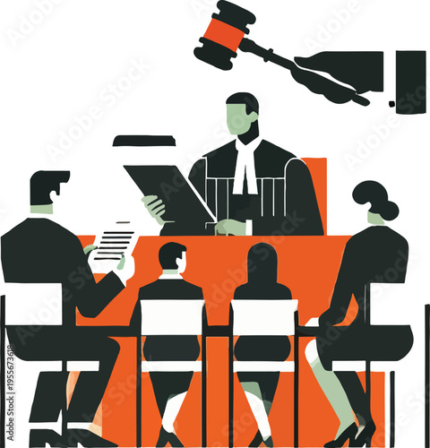 Courtroom scene with judge and jury during a trial