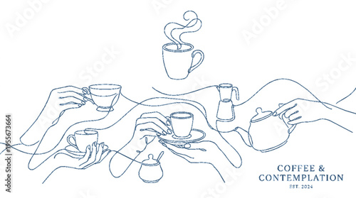 Hands holding tea and coffee cups in a minimalist line art style continuous contour design modern set for contemplation