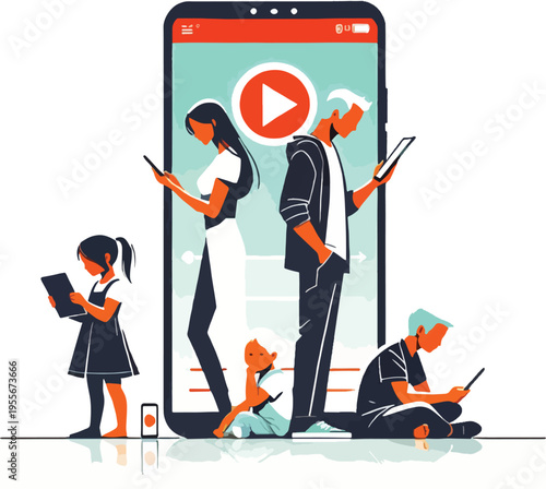 Family members engrossed in their digital devices technology