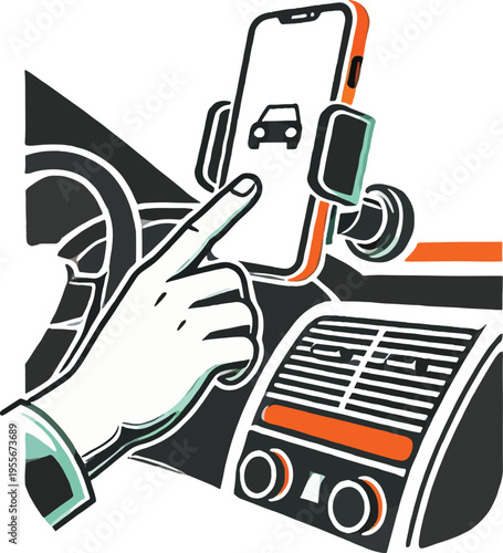 Hand using a smartphone mounted on a car dashboard