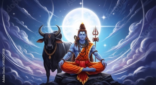Lord shiva meditating with nandi bull under a full moon in the night sky