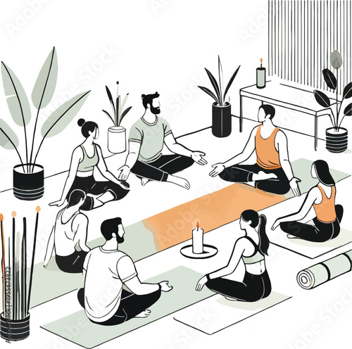 People meditating in a yoga class with plants and candles