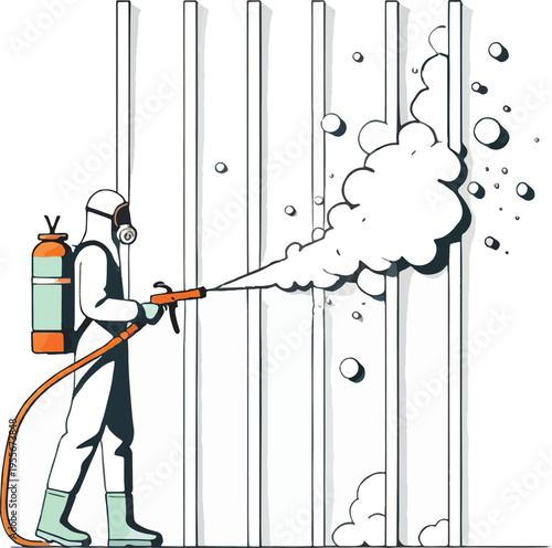 Person in hazmat suit spraying foam on vertical panels Keywords: person, hazmat suit, protective