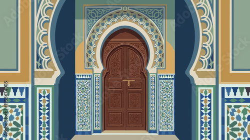 Ornate Moroccan Archway and Carved Door, adorned with Intricate Islamic Geometric Tile Patterns and Vibrant Colors