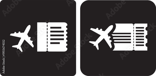 Airplane ticket icons with airplane symbols, simple black and white vector graphics for travel and aviation bookings, Boarding Pass