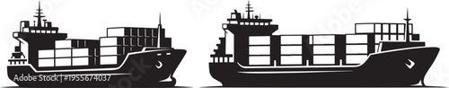Cargo ship silhouettes with containers, simple outline vector graphic for international shipping, logistics, and trade, Container Ship