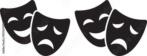 Theater masks icons, comedy and tragedy faces in silhouette, simple vector graphic for drama, acting, and performance, Black And White