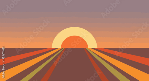 Retro 70s Abstract Sunset Landscape with Geometric Path to Horizon, Minimalist Vintage Background in Warm Orange and Brown Tones