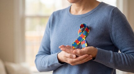 Woman holding colorful autism awareness ribbon in a cozy indoor setting  
