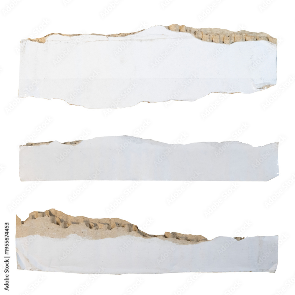 Naklejka premium White torn cardboard strips with rough edges revealing brown inner texture, isolated on transparent PNG background. Ideal for overlays, collage, scrapbooking, and creative design projects.