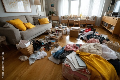 Clearing the Chaos, Woman Decluttering and Tidying Up a Messy Living Room at Home