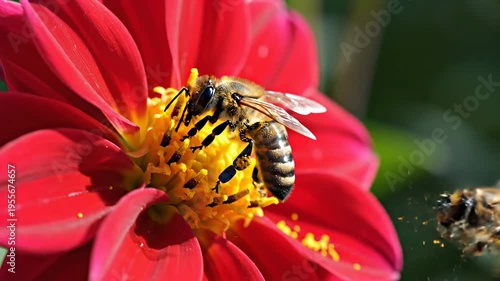 Honey bee pollinating vibrant red dahlia flower in a garden