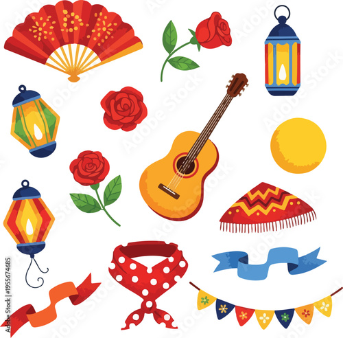 Tableau sur toile Spanish Feria de Abril Traditional Elements and Flamenco Icons Set