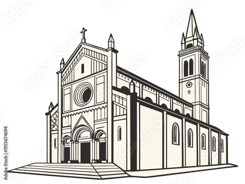 Detailed architectural vector illustration of a historic Gothic cathedral church.