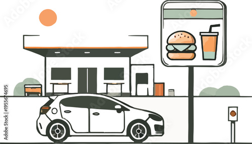 Car at drive-thru restaurant with burger and drink sign