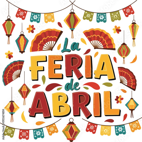 Feria de Abril de Sevilla Festival Banner with Traditional Spanish Lanterns, Hand Fans, and Floral Decorations on White Background