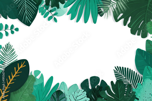A minimalist flat illustration of various tropical jungle leaves framing a clean white center, featuring a vibrant green color palette and simple geometric shapes for a modern look.