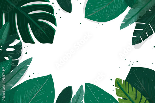 A minimalist flat illustration of various tropical jungle leaves framing a clean white center, featuring a vibrant green color palette and simple geometric shapes for a modern look.