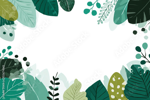 A minimalist flat illustration of various tropical jungle leaves framing a clean white center, featuring a vibrant green color palette and simple geometric shapes for a modern look.