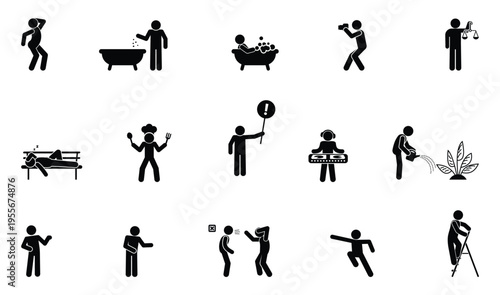 Set of stickman icons showing various human activities and daily routines. Simple black pictograms for infographic, web, app, and design use.