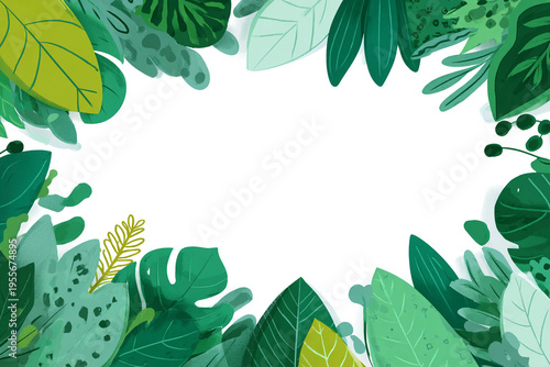 A minimalist flat illustration of various tropical jungle leaves framing a clean white center, featuring a vibrant green color palette and simple geometric shapes for a modern look.