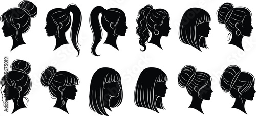 Female hairstyle silhouette collection, profile view women haircuts, fashion hair design, trendy hair illustration, beauty salon style reference, vector art