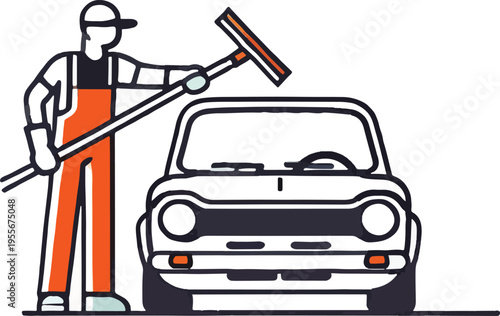 Person in overalls cleaning a car with a squeegee car wash