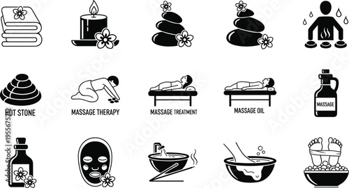 Spa wellness icons collection, massage therapy, hot stone treatment, facial mask, aromatherapy, relaxation, bathtub, foot soak, candles, towels