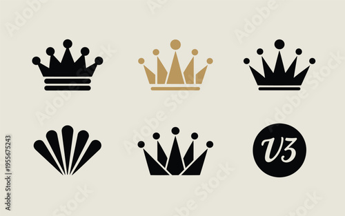 A set of six crown icons in black and gold on a beige background