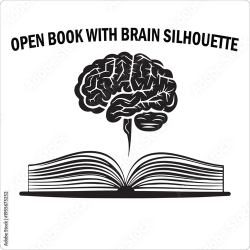 Knowledge and brain icon with open book silhouette, black vector