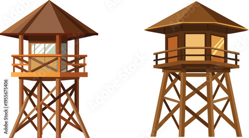 A wooden tower of an old building stands against a blue summer sky near the ocean beach where a lifeguard safety guard watches the water